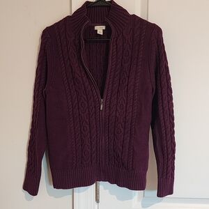 L.L. Bean Womens Full Zip Purple Cable Knit Sweater Sz Medium Petite. 100%cotton